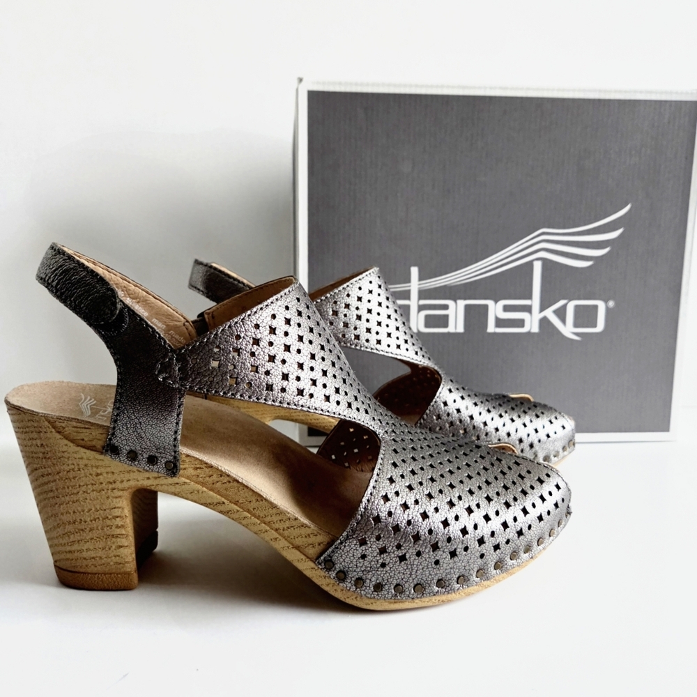 Dansko Teagan Heeled Sandals W/Peep Toe, Metallic Gunmetal Size 38 / US 7.5-8 - Picture 16 of 16